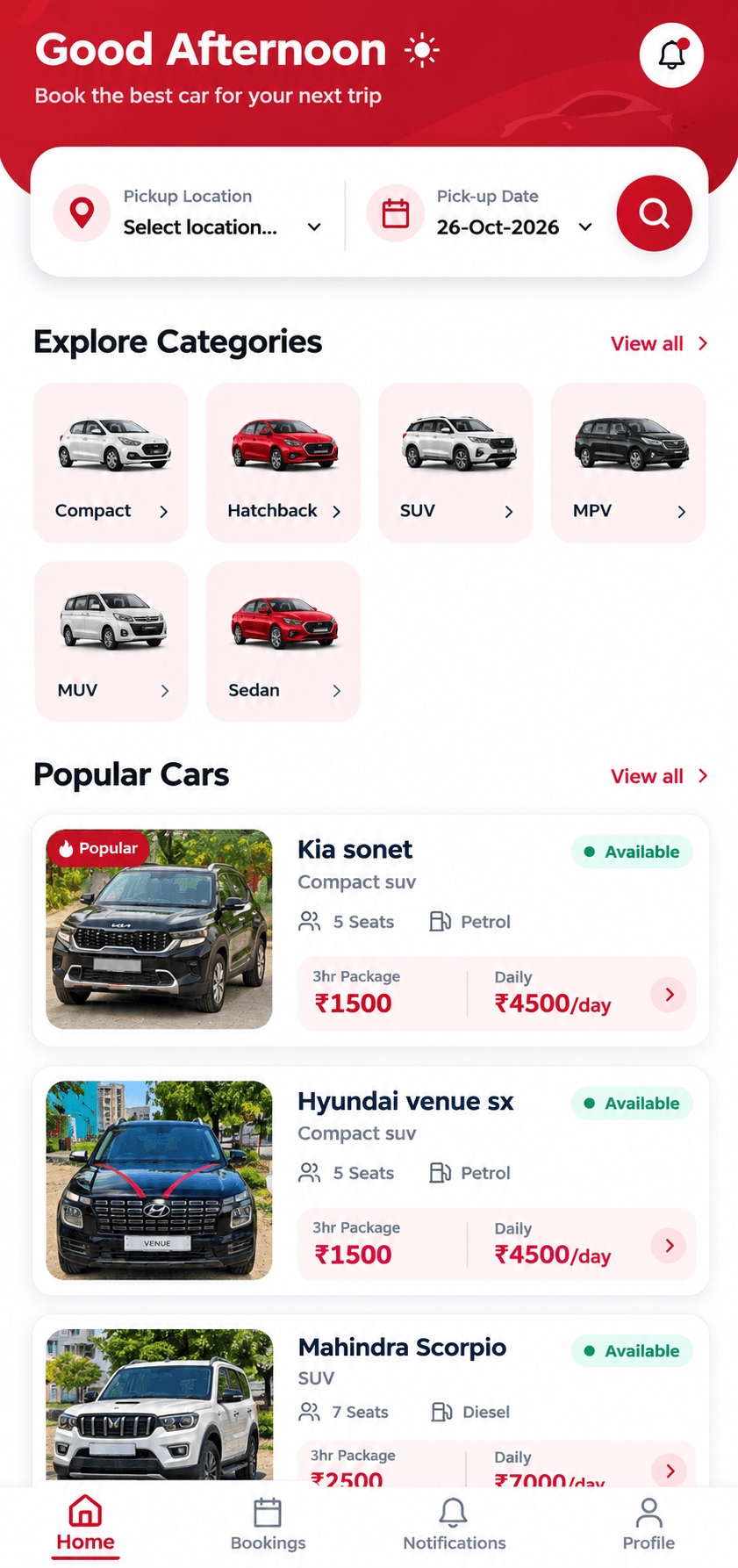 RAJ Self Drive app home screen with pickup search, car categories and popular cars